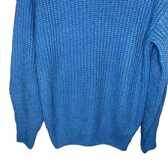 Alfani Blue/Silver Long Sleeve Boho Chunky Knit Mock-Neck Metallic Sweater - Picture 5 of 10
